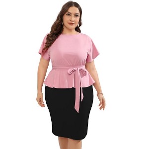 Whizmax Women Plus Size Bodycon Elegant Midi Dress Peplum Business Work Office Sheath Pencil Cocktail Party Dress with Belt Pink Black XL - 1 of 4