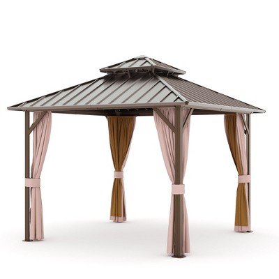 COWLOWN 12x12 Hardtop Gazebo with Curtains & Netting, Double-Tier Metal Roof Pavilion for Outdoor Patios, Gardens, and Lawns, Durable Aluminum Frame