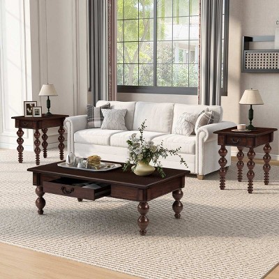 Vintage Rectangular Wood Coffee Table Set of 3 with Storage Drawers, Farmhouse MDF Coffee Table and End Table Set for Living Room-Coolbibila