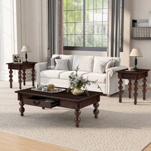 Vintage Rectangular Wood Coffee Table Set of 3 with Storage Drawers, Farmhouse MDF Coffee Table and End Table Set for Living Room-Coolbibila - 1 of 4