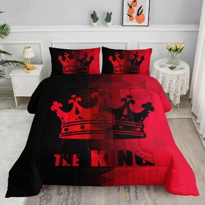 Red and Black Crown Comforter Set Queen King Size – 3Pcs Gradient Quilt Bedding with Crown Print, Mr & Mrs Couple Bed Set with 2 Pillowcases