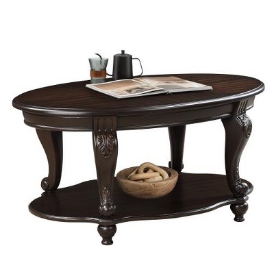 SYFERLORY 42'' oval wood coffee table for Living Room, 2-Tier Solid Wood Cocktail Table with Open Storage Shelf, Easy Assembly, Espresso