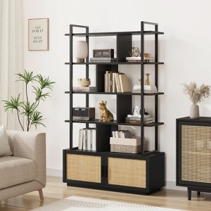 5 Tier Rattan Bookshelf with Storage Cabinet & Door, 71.1 Inch Tall Industrial Book Shelf with Open Display Shelves, Bookcase with Metal Frame - 1 of 4