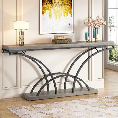 70.9" Gray Faux Marble Console Table with Black Metal Legs