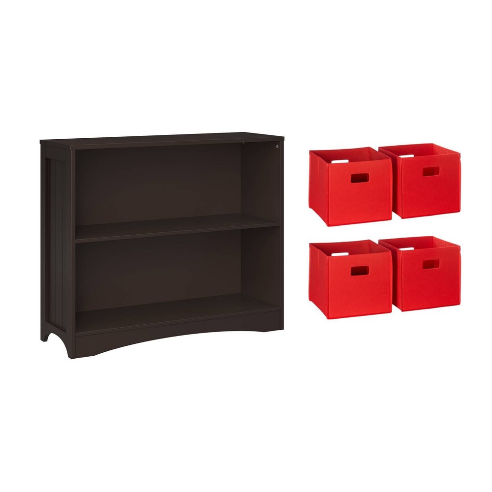Photos - Garden & Outdoor Decoration RiverRidge Kids' Playroom Horizontal Toy Organizer Bookshelf with Open Storage Shelves Espresso with 4 Red Fabric Bins