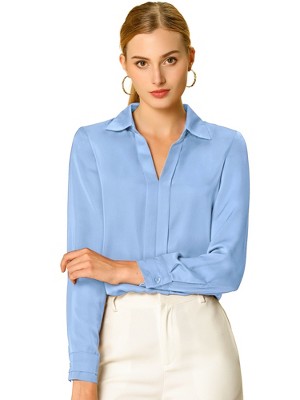 INSPIRE CHIC Women's Elegant V Neck Long Sleeve Office Work Satin Shirt