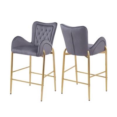 DSVIMOY Counter and Bar Stool Set of 2 Velvet Fabric Arm Chairs with Golden Legs and Footrests for Kitchen and Dining, Gray, 33.25"*23.25"*23"