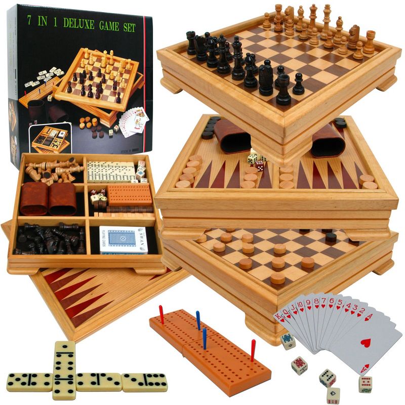 Toy Time 7-in-1 Deluxe Wood Board Game Set - Chess, Checkers, Backgammon, Dominoes, Cribbage, Poker Dice, and Standard 52-Card Deck, 5 of 13