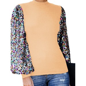 Anna-Kaci Women's Sequin Puffed Long Sleeve Mock Neck Pullover for Party Wear - 1 of 4