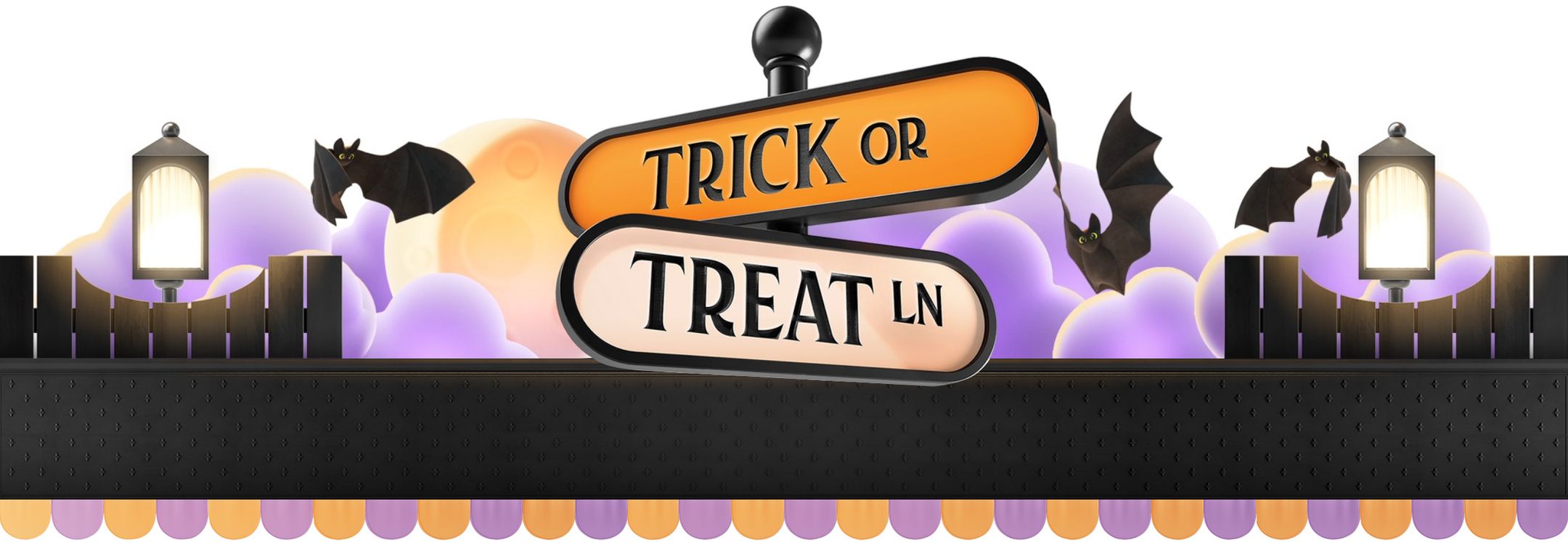 Trick or Treat Ln signage in the center with purple clouds and a moon in the background. Accompanied with a few bats flying into the frame.