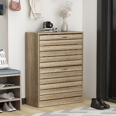 Natural Wood Shoe Storage Cabinet with Louver Doors and Flip Drawers