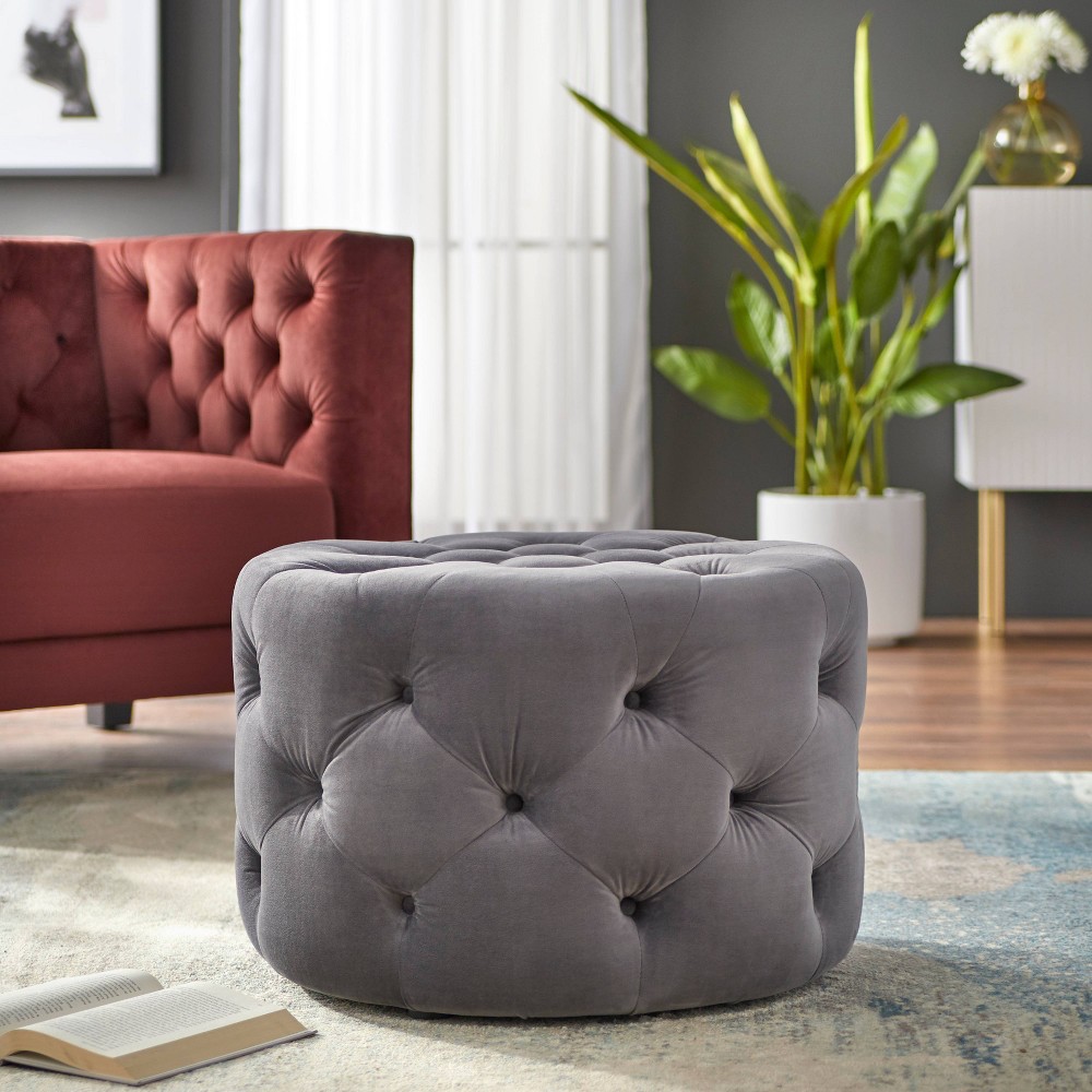 Photos - Pouffe / Bench Scopi Round Ottoman Gray - Lifestorey: Lush Velvet, Button-Tufted, No Assembly Required