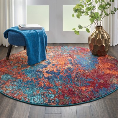 Round Blue Abstract Synthetic Easy Care Rug, 5'3"