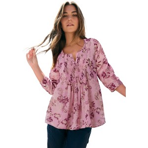 Roaman's Plus Size Tara Pleated Shirt – Adjustable 3/4 Sleeve Swing Tunic With Notch Collar - 1 of 4