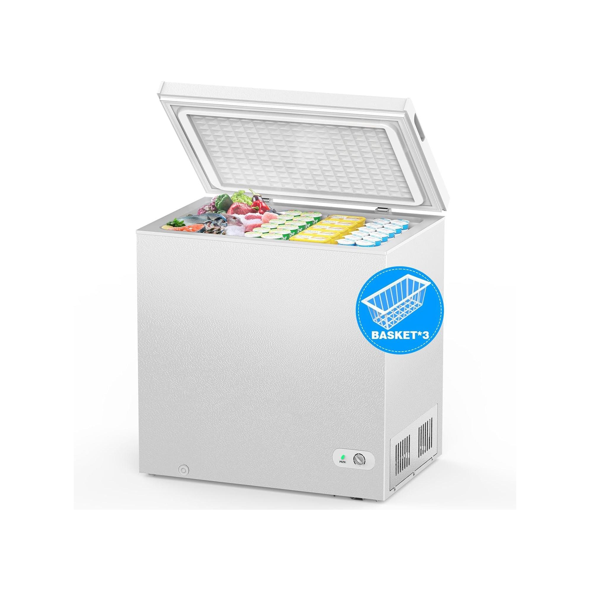 7.0 Cu.Ft Chest Freezer, Deep Freezer with Basket, Drain & 7-Level Thermostat, Top-Open Door, Freestanding Mini Freezer for Home, White