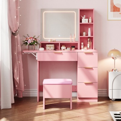 Vanity Desk with Mirror & Lights,3 Color Modes,with LED Lighted Mirror,Power Outlet & Storage Stool,Open Shelves,Wooden Dressing Table for Bedroom