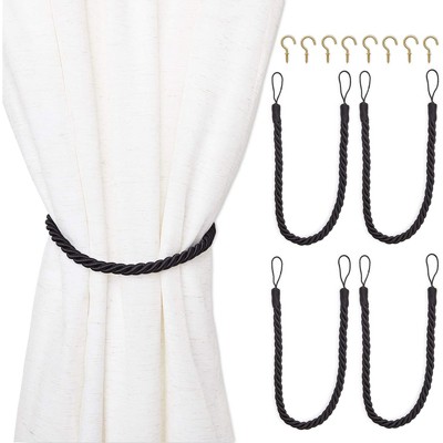 Black Cotton Rope Curtain Tiebacks with Metal Hooks, 26" Set of 4