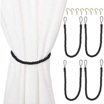 4-Pack Black Cotton Window Curtain Tiebacks Tie Back with 8 Hooks, 26" Holdbacks Rope for Drapes
