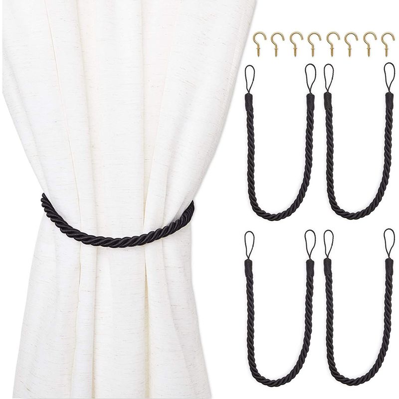 4-Pack Black Cotton Window Curtain Tiebacks Tie Back with 8 Hooks, 26" Holdbacks Rope for Drapes, 1 of 9