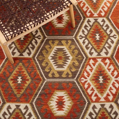 Red and Olive 6' x 6' Square Handwoven Wool Kilim Area Rug
