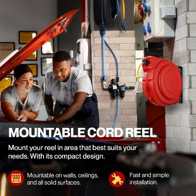 ReelWorks 80' Red Retractable Extension Cord Reel with Triple Tap