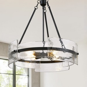 Ludomide 24.4" Matte Black Drum Chandelier - Textured Glass Modern Ceiling Light for Dining Room Bedroom - 1 of 4