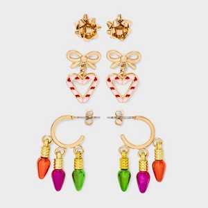 Christmas Bow and Heart Candy Cane Mixed Hoop Earring Set 3pc - Gold - 1 of 3