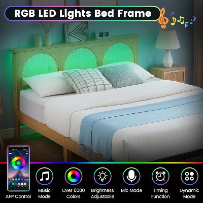 Full Natural Rattan Bed Frame with LED Headboard and Storage Drawers