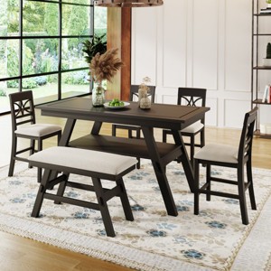 Counter Height Dining Set with Storage Shelf,6 Piece Kitchen Table Set Includes Bench and 4 Chairs-The Pop Home - 1 of 4
