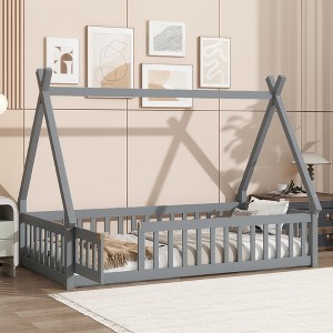 KWPZQEB Floor Bed with Safety Guardrails for Kids, Montessori Bed with Tent-Shaped & Wood Slats, Floor Bed Frame for Girls and Boys - 1 of 4