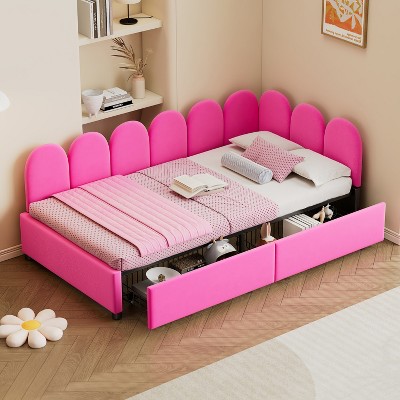 Upholstered Daybed with 2 Drawers, Velvet Sofabed with Soft Fabric Headboard, No Box-spring Needed, Rose Red