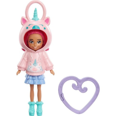 Polly Pocket Friend Clips Margot Doll with Unicorn Hoodie and Purple  Heart-Shaped Clip