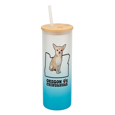 Elanze Designs The Beaver State Oregon Loves Chihuahuas Sky Blue and White Ombre Frosted Glass Travel Tumbler with Straw and Wooden Lid, 25 Ounce