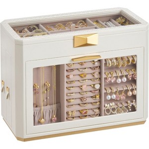 Travel Jewelry Case with Mirror, Woven Embossed PU Leather Organizer with Pouch, Portable, White - 1 of 4