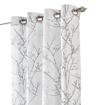 White Polyester Light Filtering Grommet Curtain Panel with Branch Motif