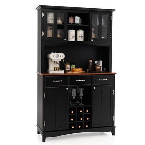 Costway Tall Freestanding Bar Cabinet Kitchen Buffet w/ Glass Holder &  Adjustable Shelf Black