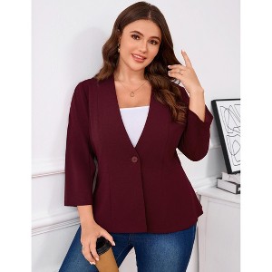 Women Plus Size Blazer Peplum V-Neck Cardigan Long Sleeve Button Open Front Jacket - 1 of 4