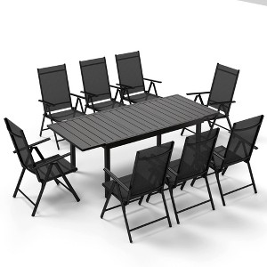 Captiva Designs 9pc Patio Dining Set with Slat-top Adjustable Steel Rectangle Table & Sling Foldable Chair - 1 of 4