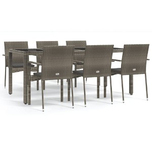 vidaXL 7 Piece Patio Dining/Conversation Set - Gray Poly Rattan with Cushions, Acacia Wood Table, Outdoor Garden Furniture - 1 of 4