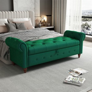 63" End of Bed Button Tufted Velvet Ottoman Bed Bench,Rolled Armed Ottoman Couch Long Bench,Dining Bench with Wood Legs for Entryway-Maison Boucle - 1 of 4