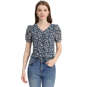 Allegra K Women's Button Front Puff Short Sleeves Chiffon Floral Top - 1 of 4