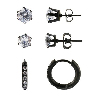 Slate by Rebl 3-Pack Crystal Stud & Hoop Earring Set  Gunmetal Plated Stainless Steel