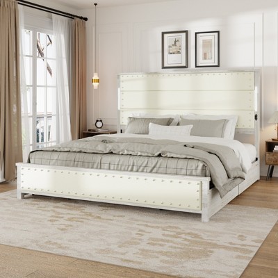 NicBex King Platform Bed Frame with 4 Drawers,Faux Leather and Rivets,Upholstered Headboard with LED and Charging Station,No Box Spring Needed,Beige