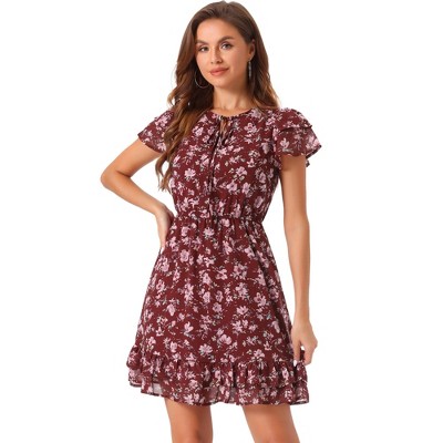 INSPIRE CHIC Women's Ruffle Sleeve Self-Tie V Neck Mini A-Line Floral Dress