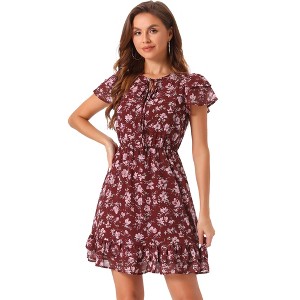 INSPIRE CHIC Women's Ruffle Sleeve Self-Tie V Neck Mini A-Line Floral Dress - 1 of 4