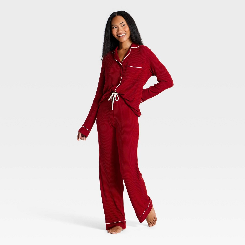 Women's Cozy Ribbed Notch Collar Long Sleeve Shirt and Pants Pajama Set - Auden™ Red S