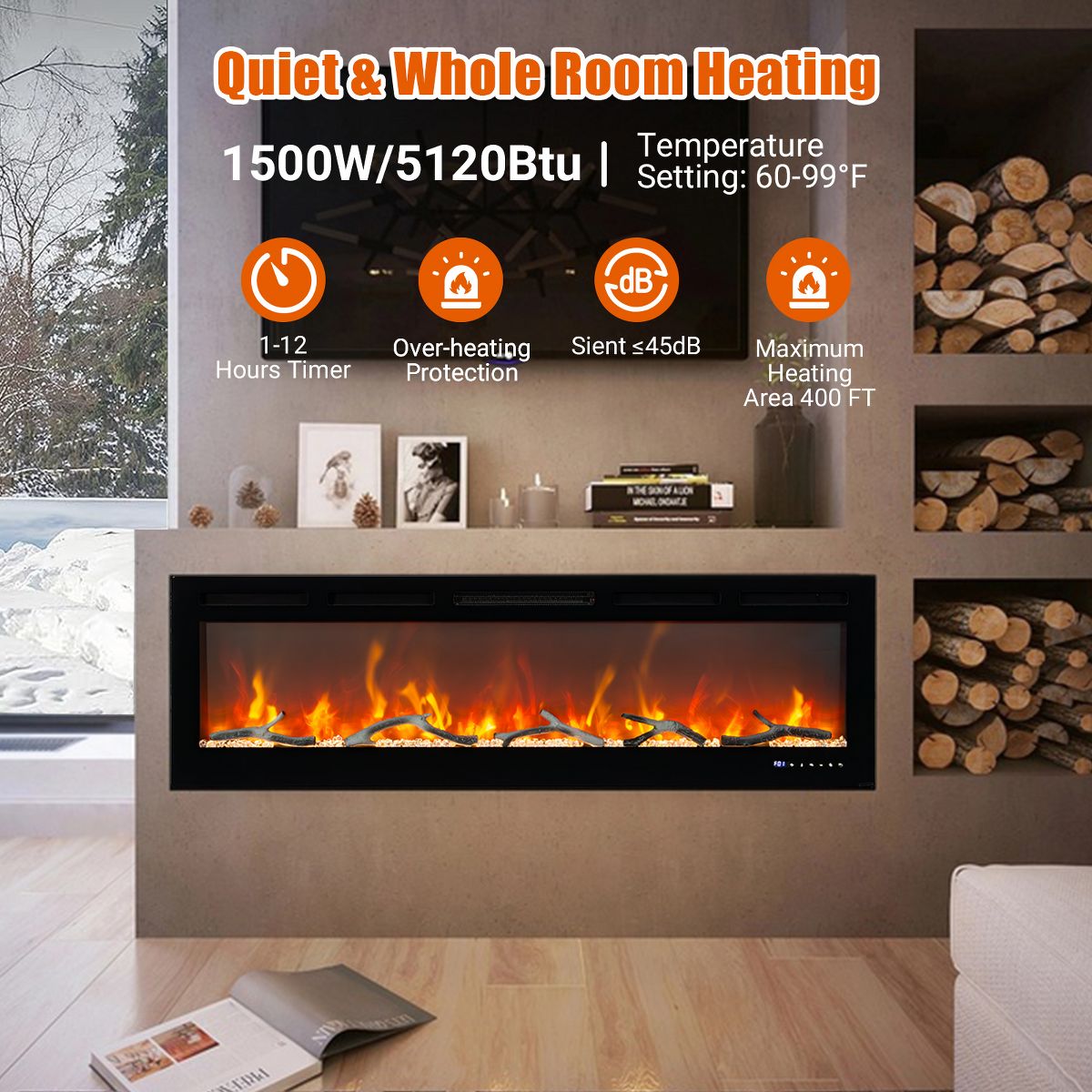 72" Smart Ultra‑Thin Electric Fireplace Insert, WiFi Alexa, 750W/1500W, Multicolor Flames, Thermostat Timer, Wall‑Recessed w/ Remote, Log & Crystal - thumbnail 6