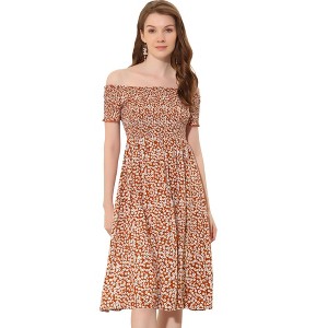 Allegra K Women's Off-Shoulder Summer Smocked Short Sleeve Split Midi Floral Dress - 1 of 4