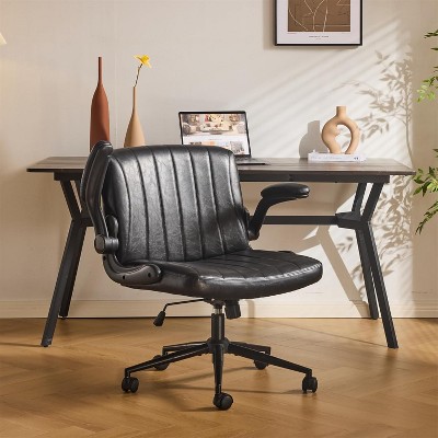 VINGLI Criss Cross Chair with Adjustable Flip-Up Arms,Cross Legged Chair with Wheels, Extra Wide Office Chair,PU Leather