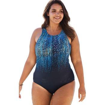 Swim 365 Women's Plus Size Tank Overlay Swim Romper - 32, Blue Painterly  Leaves : Target